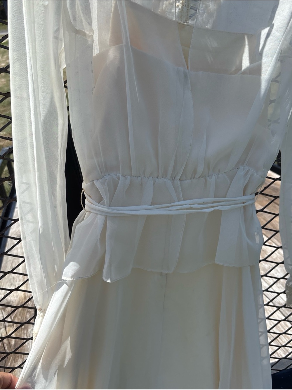 Sheer Lace-Trim Maxi Dress in Cream with Tie Waist Vintage 1970s - Picture 11 of 12